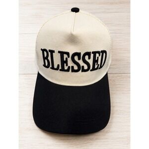 Zenana Blessed Trucker Hat Black Cream Embroidered Mesh Snapback Cap New